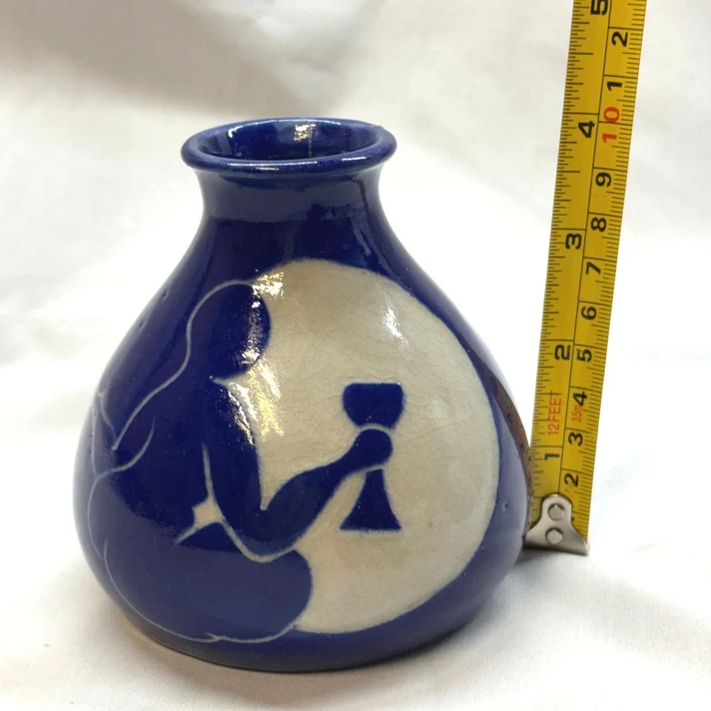 Handmade Studio Pottery Bud Vase Unisex Small Blue Good Signed Woman Moon